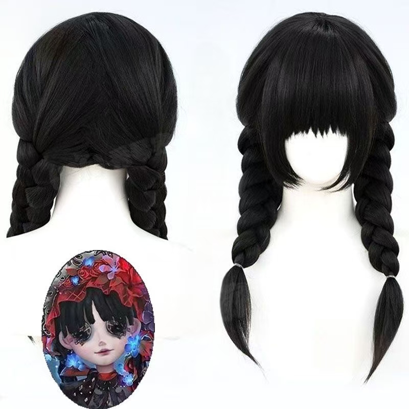 Anime Cosplay Girl With Black Hair - Perruque synthétique noire à double tresses
